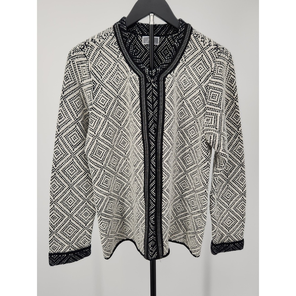 JM Collection Womens Black White Diamond Geometric Knit Open Front Cardigan L